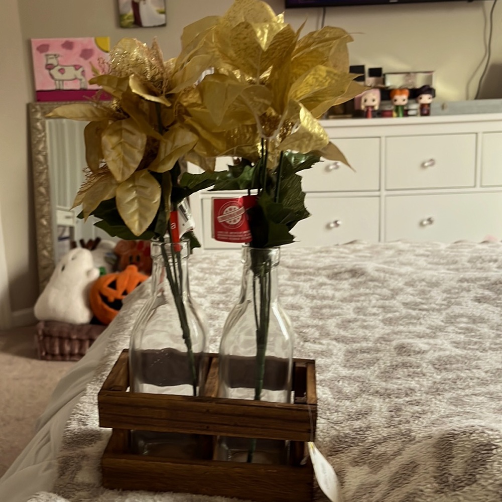 Glass Bottles set- Gold Poinsettias